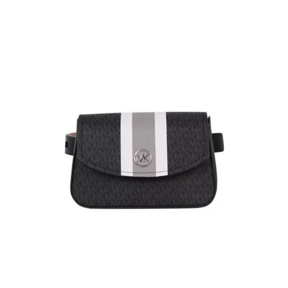 MICHAEL KORS logo coated canvas belt bag fanny pack Black with white stripe-S/M - Picture 1 of 11